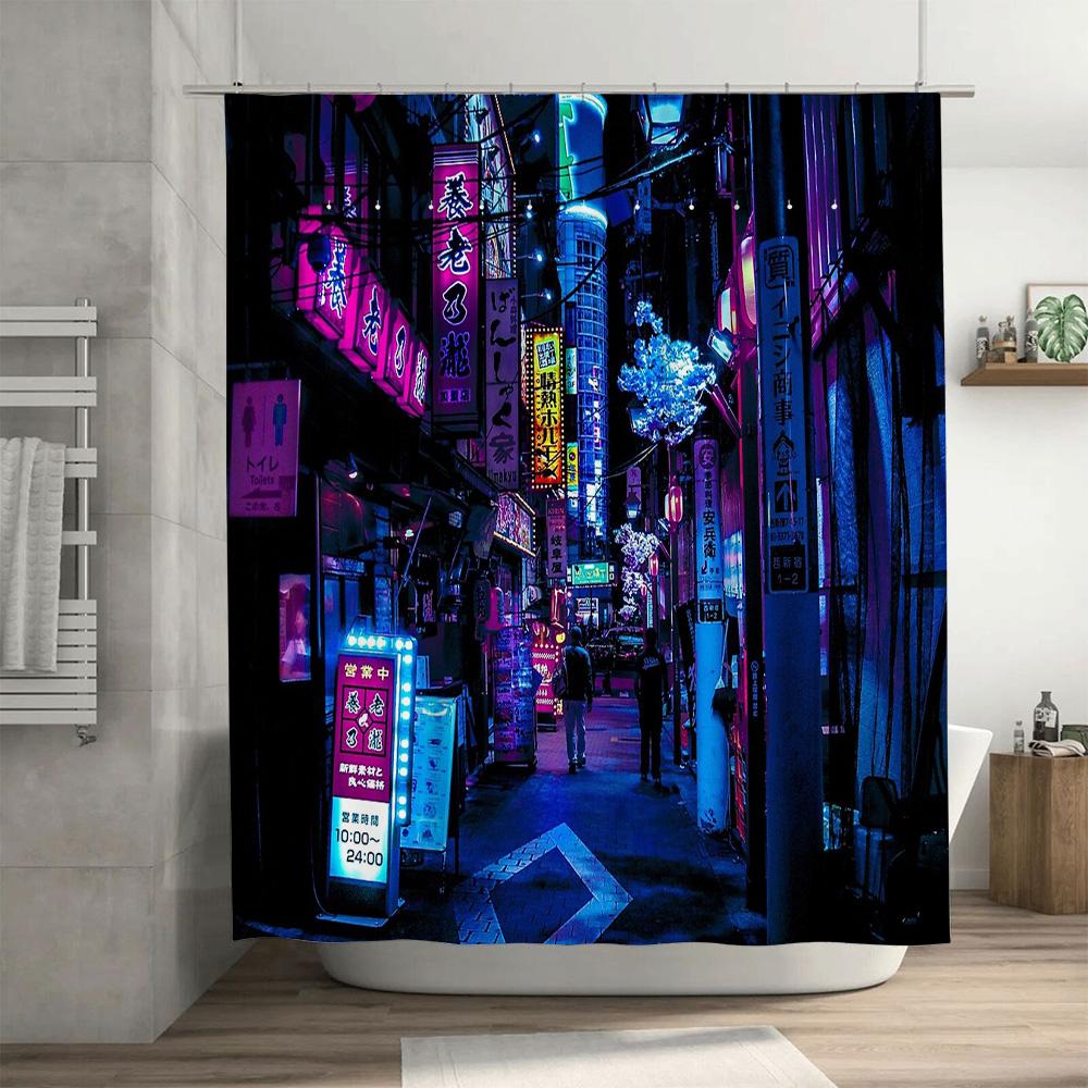 Japanese Tokyo Night City Shower Curtain Anime Streetscape Bathroom Decor Modern Aesthetic Vaporwave Wall Art Backdrop