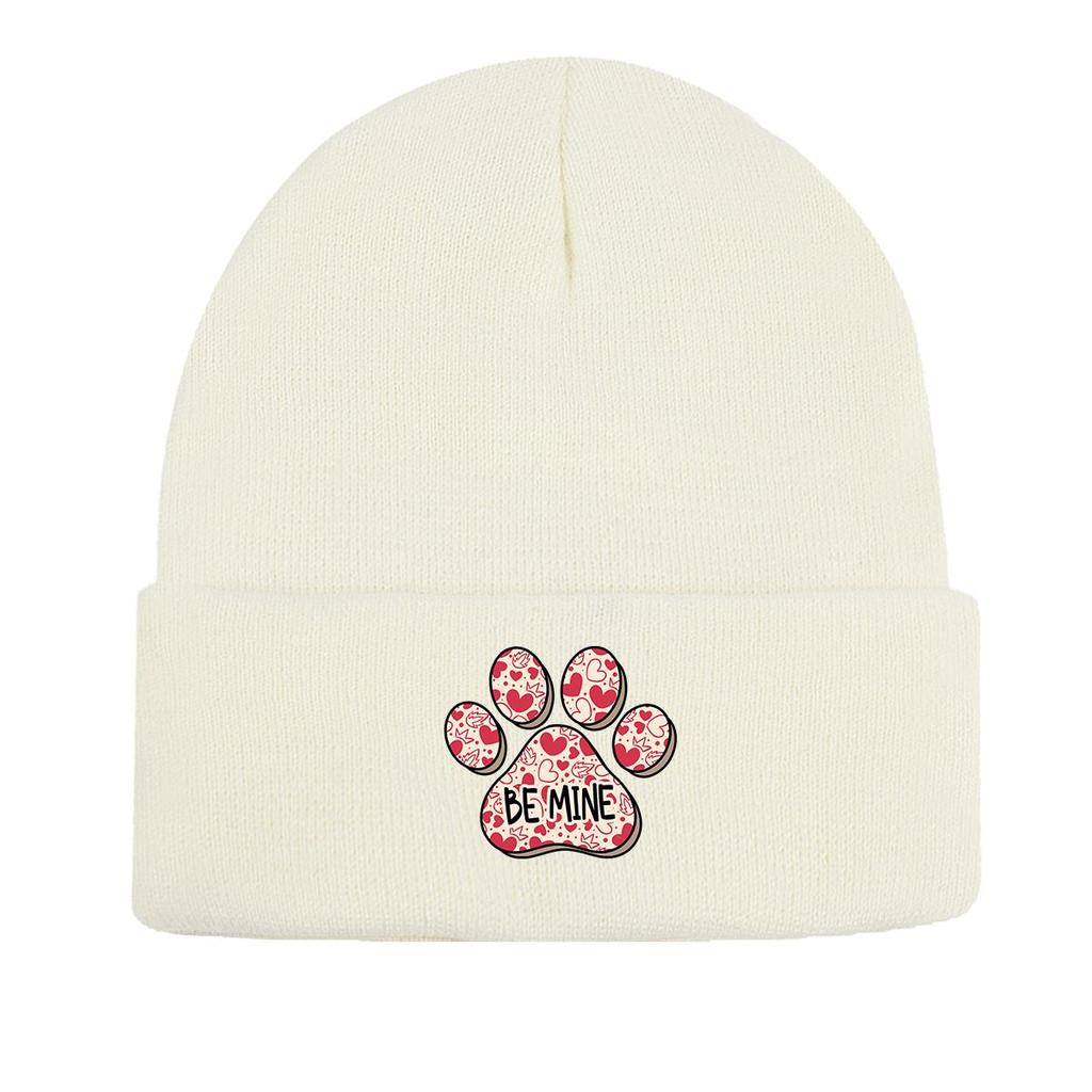 Dog Cat Paw Print Heart Knit Hat Beanie, Valentine's Day "XOXO LOVE KISS", Cozy Stylish Knitted Cap Beanie