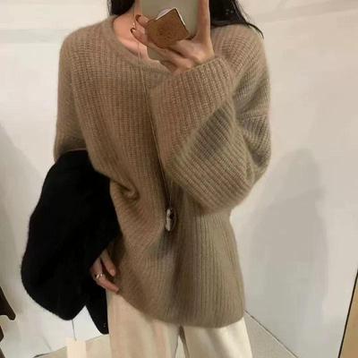 Damen Französischer Rundhals-Pullover - Herbst/Winter, Lockere Passform, Weicher Strick, Lässiger Stil, Dickes Design