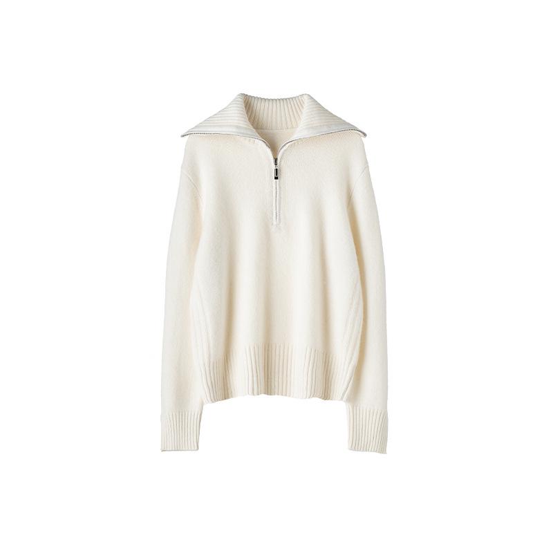 2024 Autumn/Winter Women's Cashmere Knit Lapel Half-Zip Outerwear, Long Sleeve, Loose Fit, Warm & Slimming