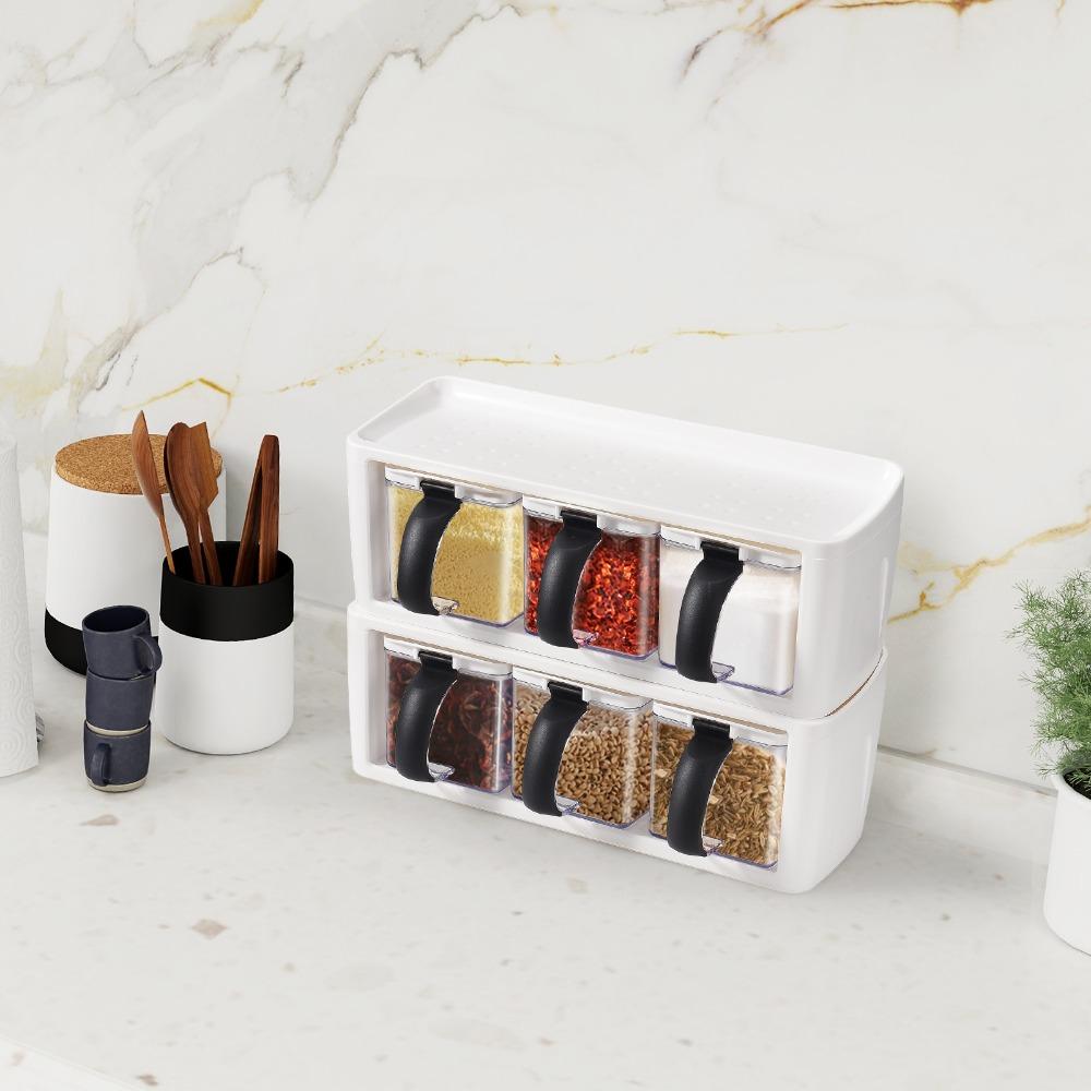 2pcs With Lid And Spoon Seasoning Container Set PP+PS Spice Container Cans  For Home