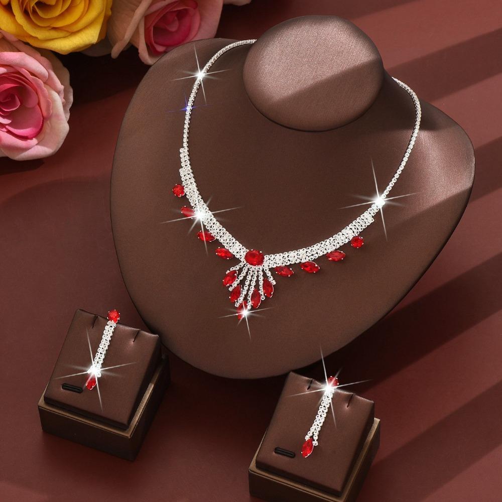 Fashion Stud Earrings Collarbone Chain Set Rhinestones Inlaid Bridal Wedding Jewelry  Engagements