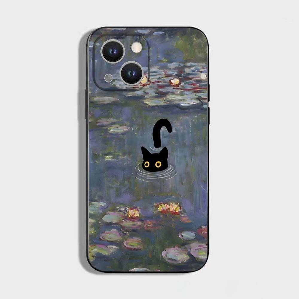 Abstract Art Black Cat Phone Case For iPhone 16,15,14,13,12,11 Plus,Pro Max,XS,X,XR,SE,Mini,8,7,Soft Silicone Black Cover