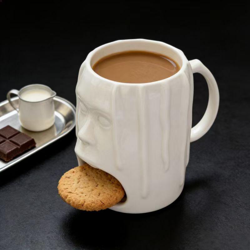 3D Face Ceramic Mug with Cookie Pocket – Creative Breakfast Coffee Cup for Unique Gift & Party Decor 201-300ml