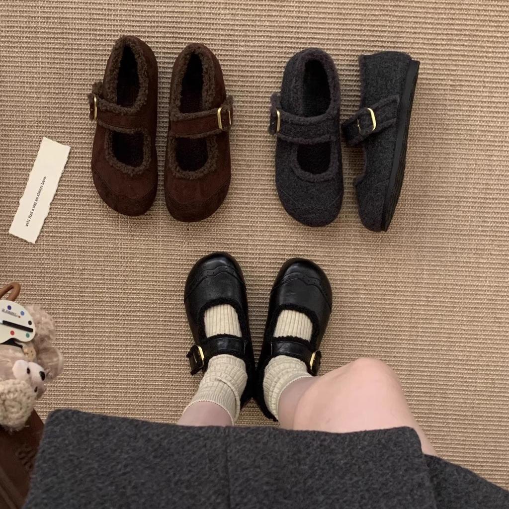 Retro sammets Birkenstocks dam höst och vinter varma fluffiga skor med Mary Jane skor bomullsskor