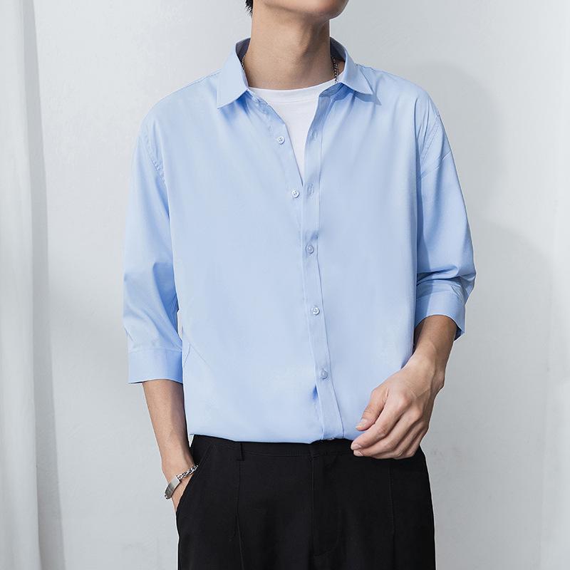 Men's Short-Sleeve Ice Silk Drape Shirt - Casual Loose-Fit, Solid Color, Trendy Summer Outerwear
