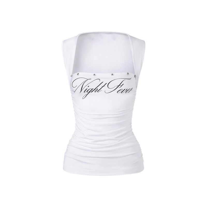 

Summer New Style Square Collar Letter Print Rivet Slim Fit Hot Girl Style Short Vest Top for Women White S