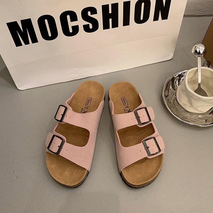British retro one-word button slippers women's summer wear 2025 new Korean version one-word drag flats beach shoes sandals