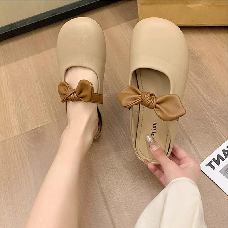 Flat-bottomed Bag Head Half Slippers Women's Outer Wear 2025 New Summer Bow Lazy Half Tray Gentle Evening Cool Slippers