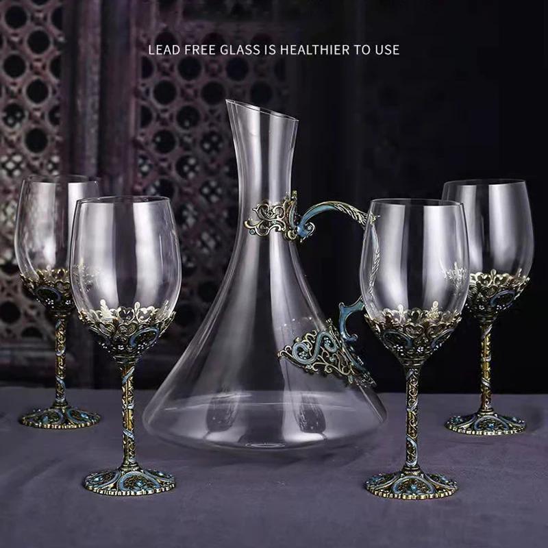 Vintage Enamel Color Red Wine Glass Crystal Glass Goblet DECANTER SET Wineglass Champagne Wine Glasses Whiskey Cup Cups Drinking