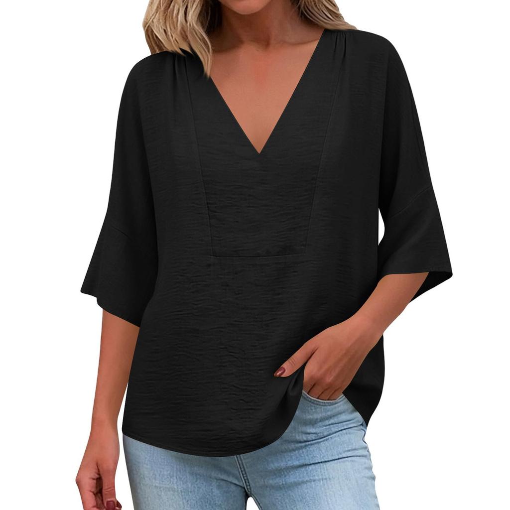 Women Lightweight Loose V Neck Tops Casual 3/4 Sleeve Linen Shirts