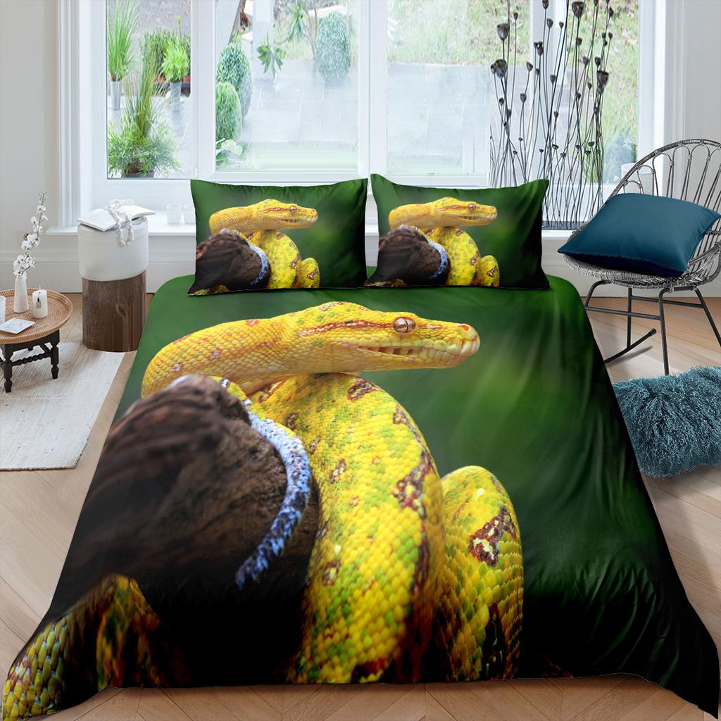 Snake Duvet Cover Set 3D Python Polyester Comforter Cover Reptile Tropical Theme Quilt Cover For Kid Boy Girl Bedroom Full Size