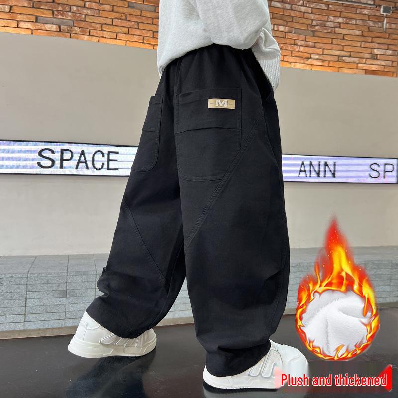 Boys' Fleece-Lined Wide-Leg Overalls for Teens - Trendy Casual Autumn Wear