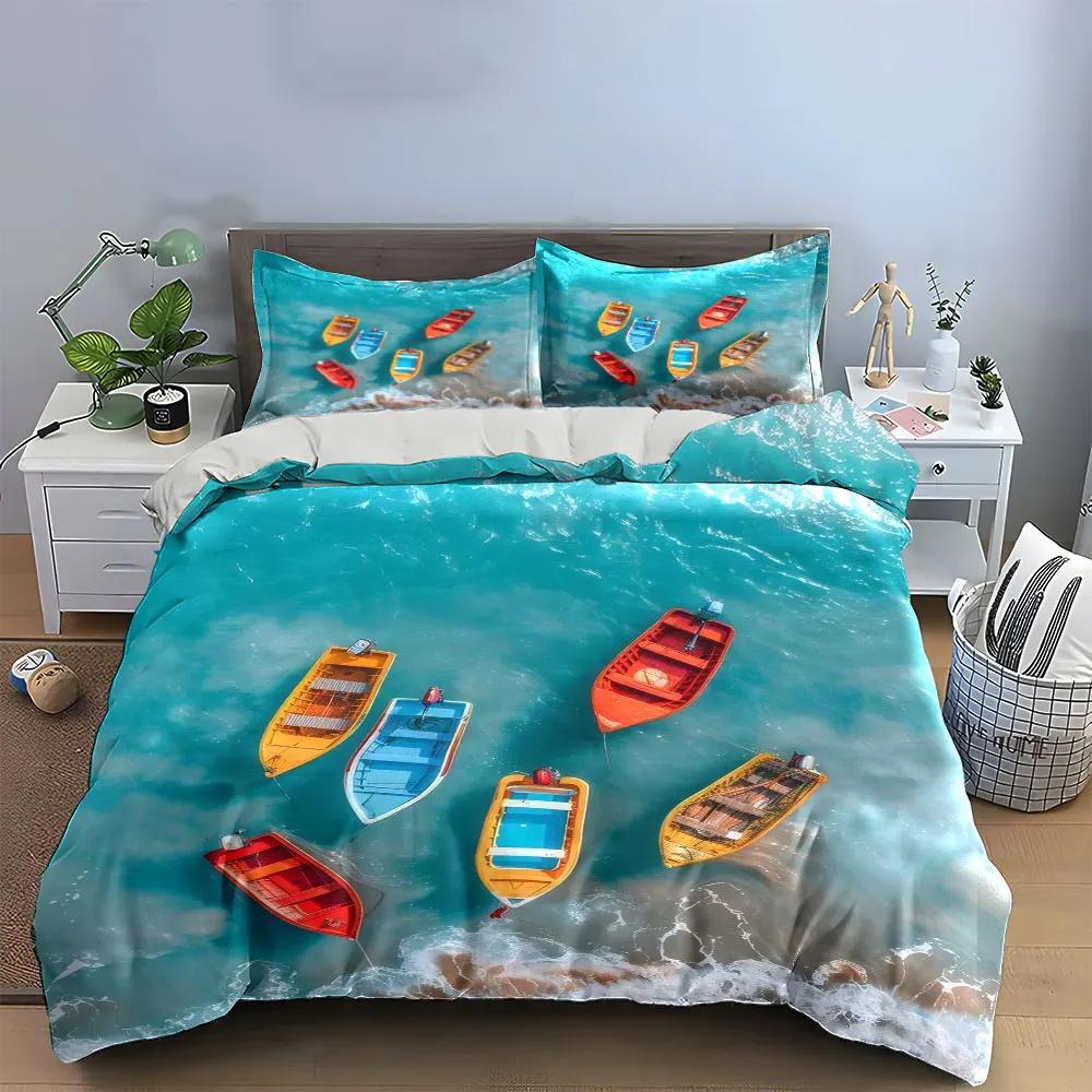 Colorful Boats Ocean Print Decor Soft Comfortable Duvet Cover Bedding Set Included 1*Duvet Cover & 2*Pillowcases gift