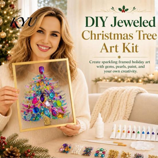 Kreatives Weihnachtsgeschenk für die Familie DIY Falscher Kristall Perlenmalerei Baum Set, Funkelndes Feiertags Künstlerisches Edelstein Set Bastelset, 3D Edelsteinperlen