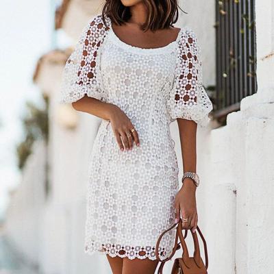 Dames Jurk Uitgesneden Kant Patchwork Zomer Rugloos Korte Mouw Haakwerk Mini Jurk Streetwear
