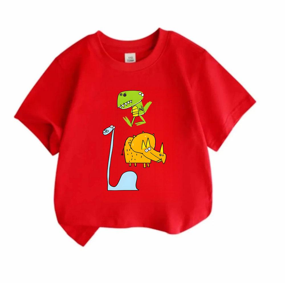 Kids Boys Girls 100% Cotton Crew Neck Short Sleeve T-Shirt, Funny Cartoon Dinosaur Print Casual Comfy Tee for Toddler Children Daily Outdoor Play Wear
