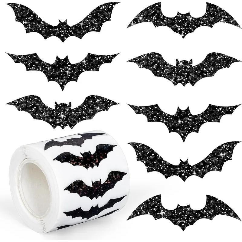 Halloween bat sticker roll, 500 pieces, black laser anti-glare self-adhesive stickers for Halloween party decorations
