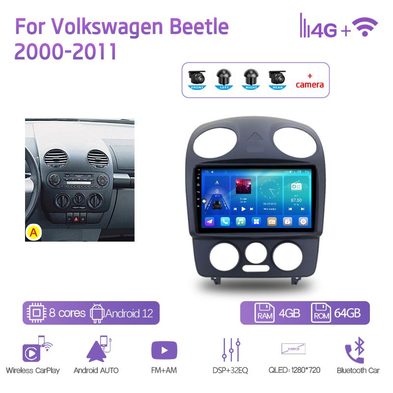 9.0Inch Car Multimedia Player For Volkswagen Beetle 2000-2011 GPS Navigation Radio Android12 8+128G 8Core CarPlay 4G 360Camera
