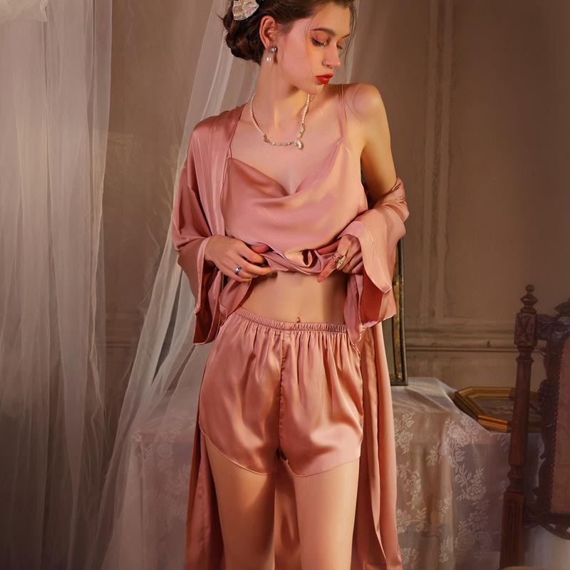 Women's spring and autumn morning robe ice silk suspender shorts new sexy pajama set nightgown summer fun pure desire