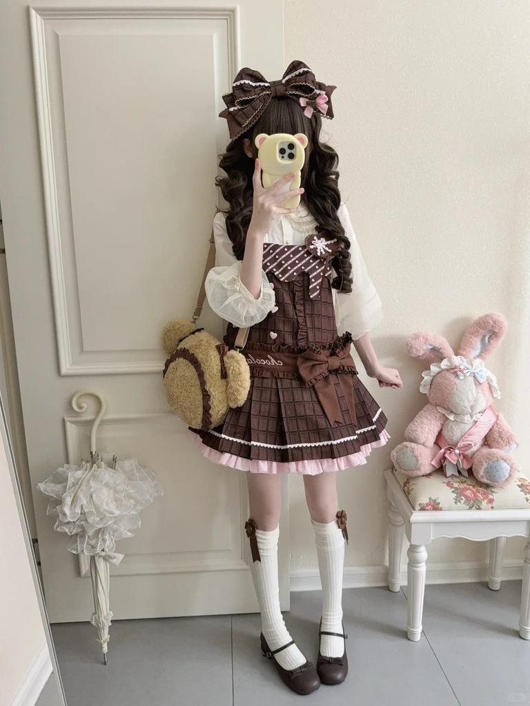 Japanese Sweet Lolita JSK Dress Heart Button Bow Detail Brown Pink Chocolate Plaid Decoration Harajuku Subculture Kawaii Outfit