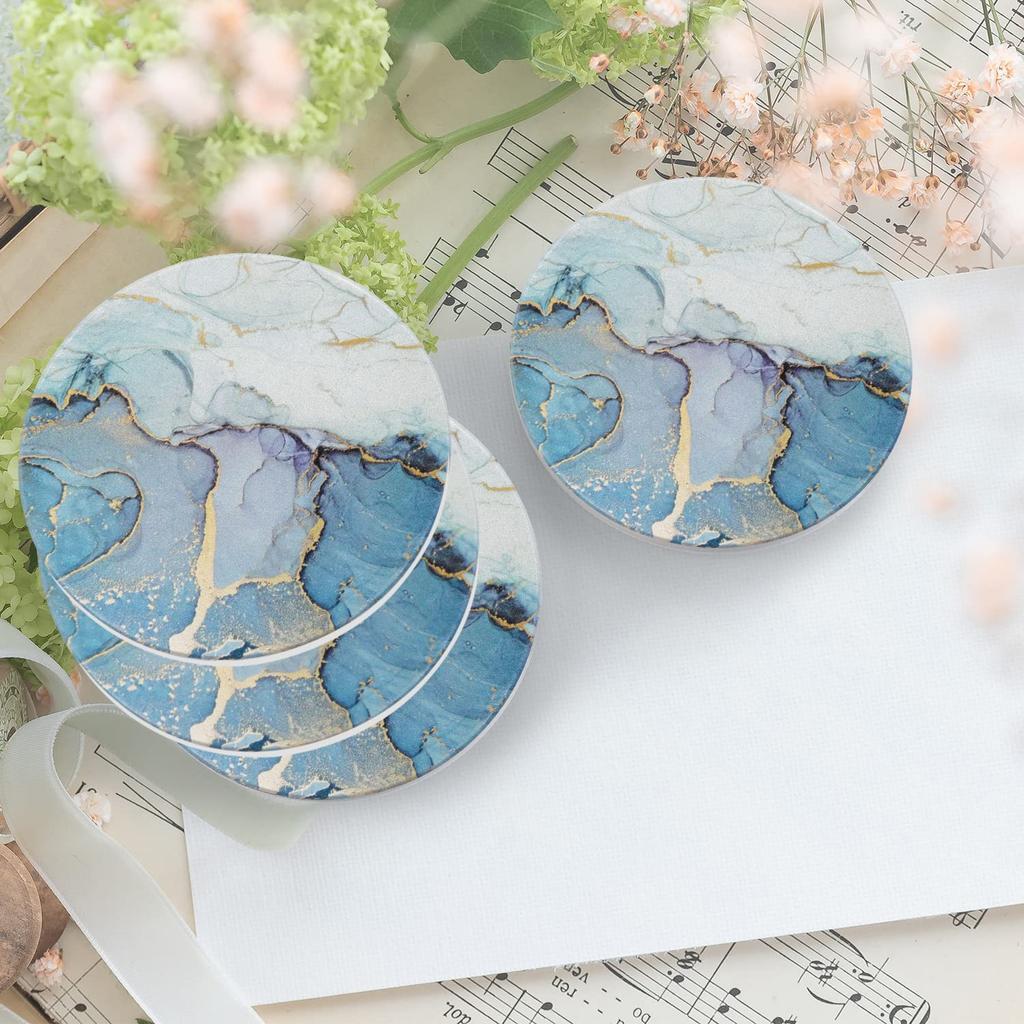 HAOCOO Stylish Ceramic Coasters with Marble Pattern and Cork Backing, Round, Set of 4, for Mugs and Tea Pads, Insulation, Better than Diatomaceous