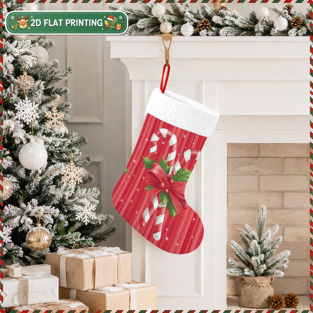 Christmas decoration fireplace hanging stocking 2D Flat, 1pc Christmas Candy Cane Bow Design Christmas Stockin