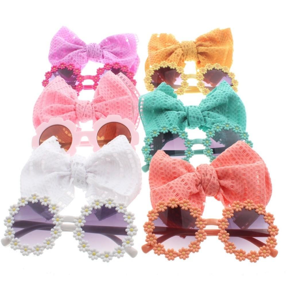 2Pcs/Set Soft Elastic Children Bowknot Headband Cotton Wide Baby Bows Turban Solid Color Kids Sunglasses Set Photography Prop