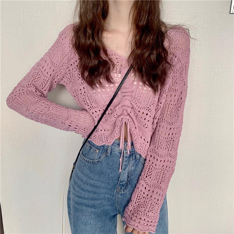Women's Hollowed Out Thin Top Summer Drawstring V-neck Sun Resistant Long Sleeved Knitted Sweater for Women
