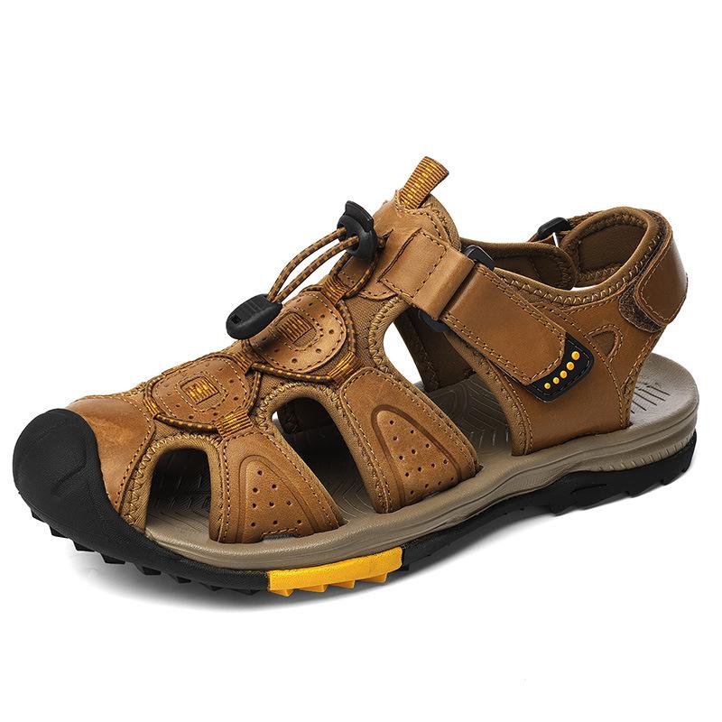 Large Size New Summer Men's Top Layer Cowhide Bag-Toe Casual Outdoor Beach Sandals Comfortable Velcro Non-Slip Breathable