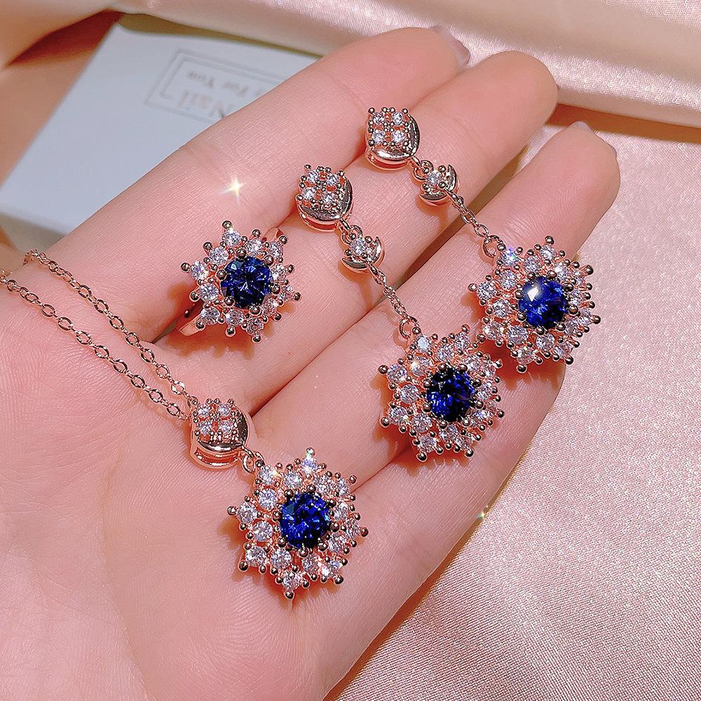 2026 New Style Inlaid Zircon Snowflake Pendant Three-piece Rose Gold Temperament Jewelry Set Ladies Party Birthday Gift resizable&45cm