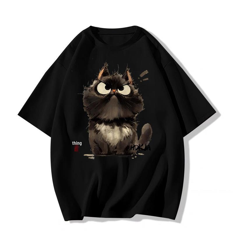 American Retro Kitten T-shirt - Neutral Short Sleeve, Summer Street Style, Loose Fit, Hip Hop Style