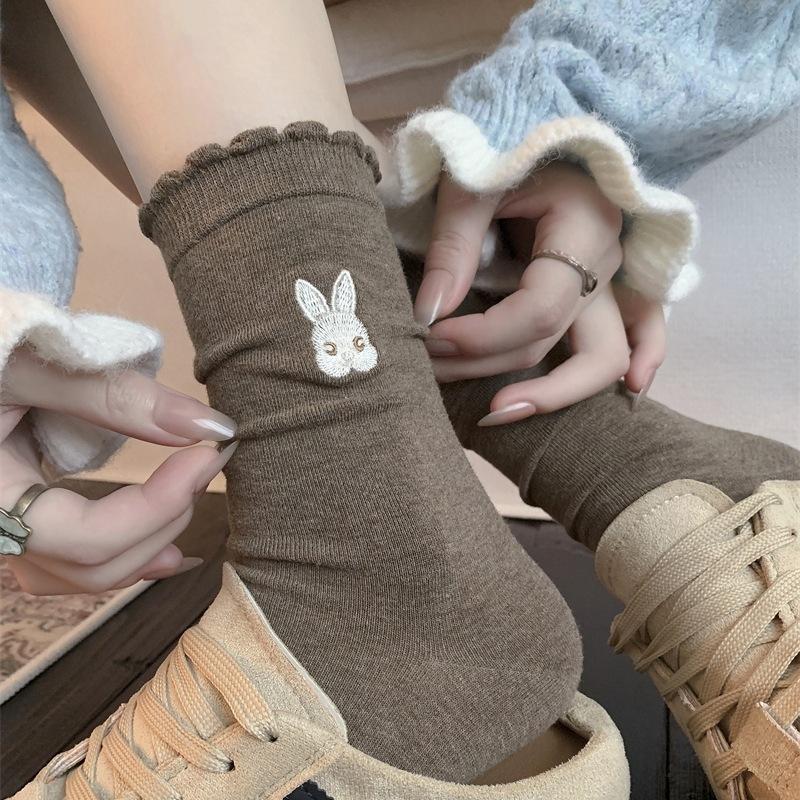 Cartoon Embroidered Socks, Girls' Lace, Cute Little Rabbit Socks, Pure Cotton Mid-calf Pile Socks