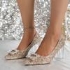 Perennial Large Size Autumn Crystal Heel Pointed Sequin Bow Square Buckle Thick Heel High Heel Single Shoes Bridesmaid Shoes