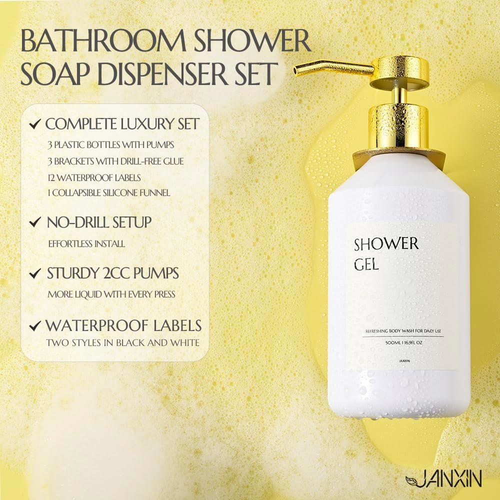 Shampoo and Conditioner Dispenser Set of 3 for Wall Mount,16.9 fl oz Drill Free Shower Soap Bottles with Labels,Refillable Body Wash Dispensers for