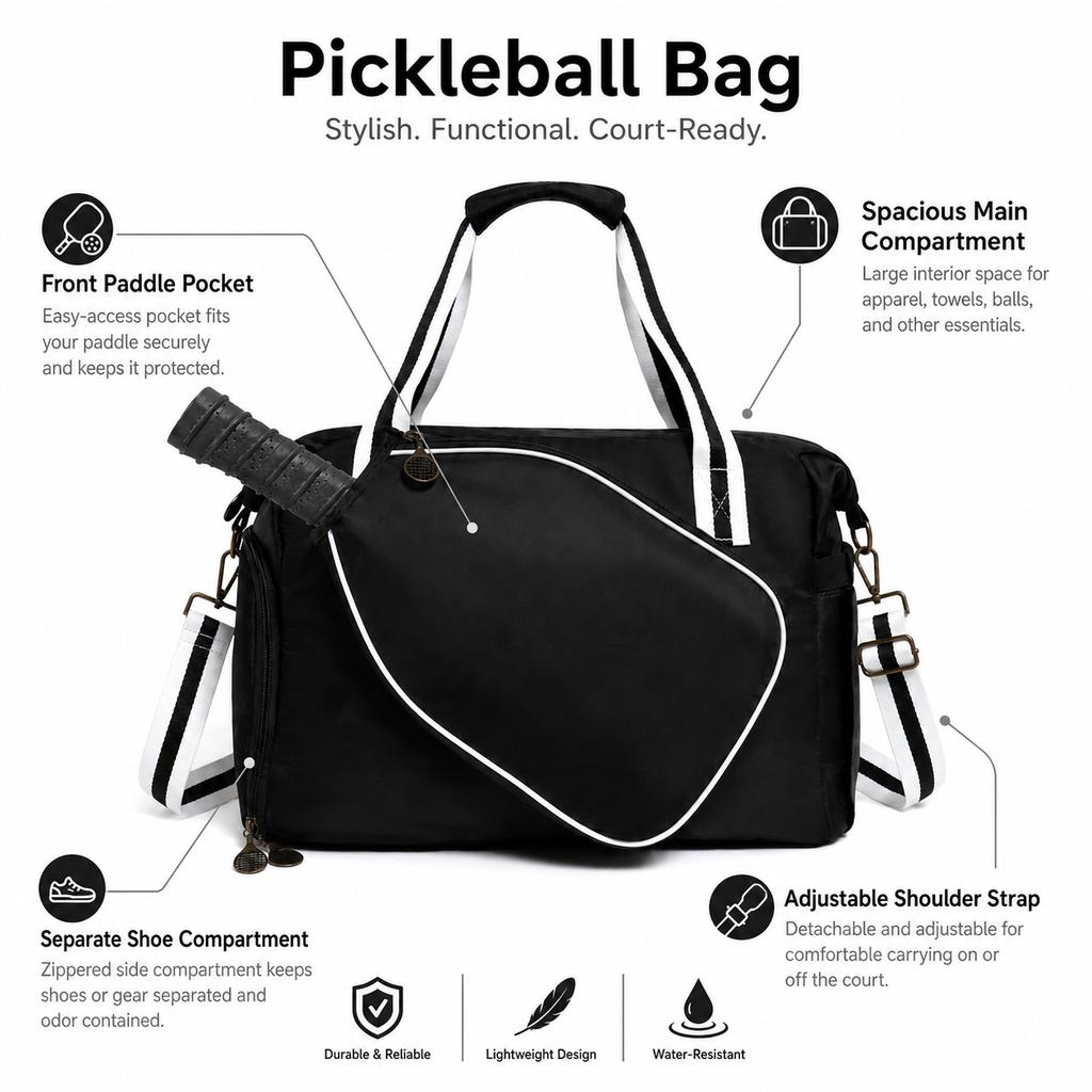 Large Capacity Pickleball Duffle Bag Detachable Crossbody Strap Front Independent Paddle Pocket Multi-Sport Sports Handbag