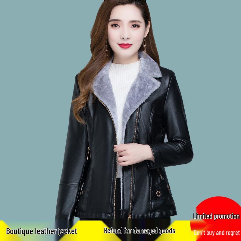 Kurze Damenjacke aus Leder und Pelz mit Samtbesatz: Winter-Oberbekleidung