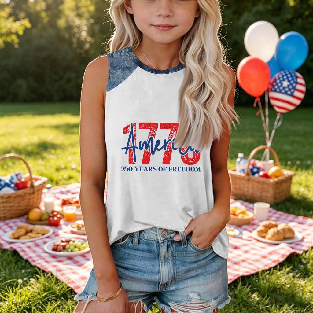 Girls Sleeveless Loose Fit Tank Top Independence Day Print Denim Patchwork Round Neck T Shirt Summer Casual Tee