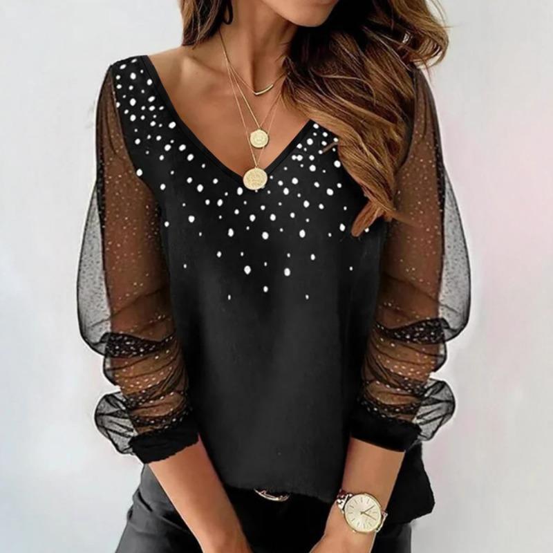 Ladies Spring and Summer New V-neck Beaded Mesh Long-sleeved Loose Elegant Fashionable Top
