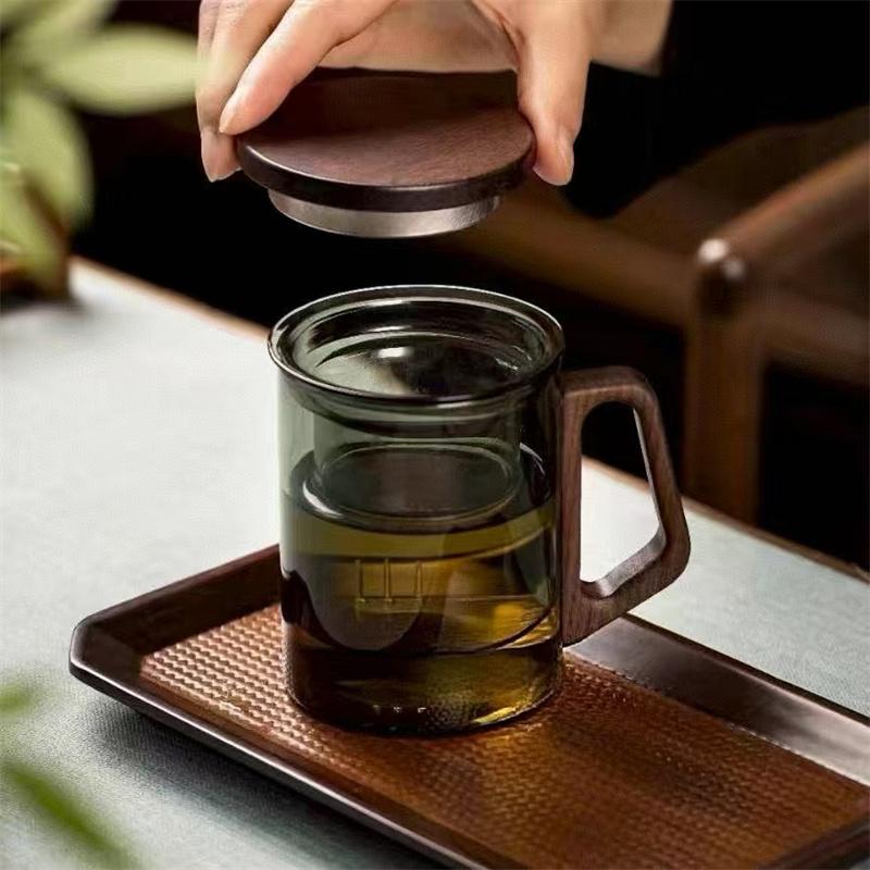 400ml Glass Tea Mug With Wood Handle Chinese Heat Resistant Filter Tea Cups High Quality And Convenient Kung Fu Tea Set