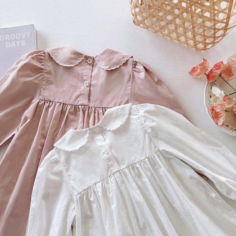 Elegant French Embroidered Bow Dress for Girls - 2026 Autumn Smocked Long Sleeve Princess Style