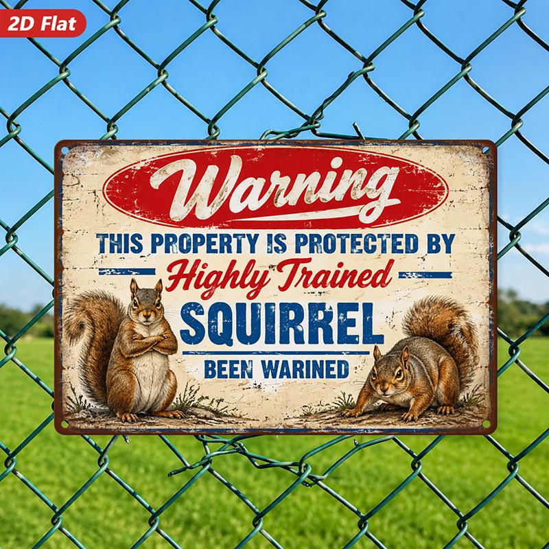 2D Flat, 1pc Guard Squirrel Metal Sign Wall Art, Warning Slogan, Fierce Squirrels, Red Oval, Vintage Effect, Humorous Mood, Home Decor, Ideal for Pati