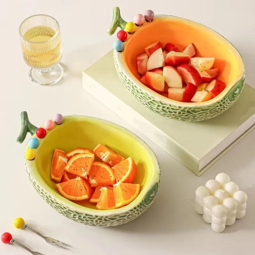 Hami Melon Shape Fruit Bowl with Fork Large Capacity Cute Toothpick with Holder Household Use