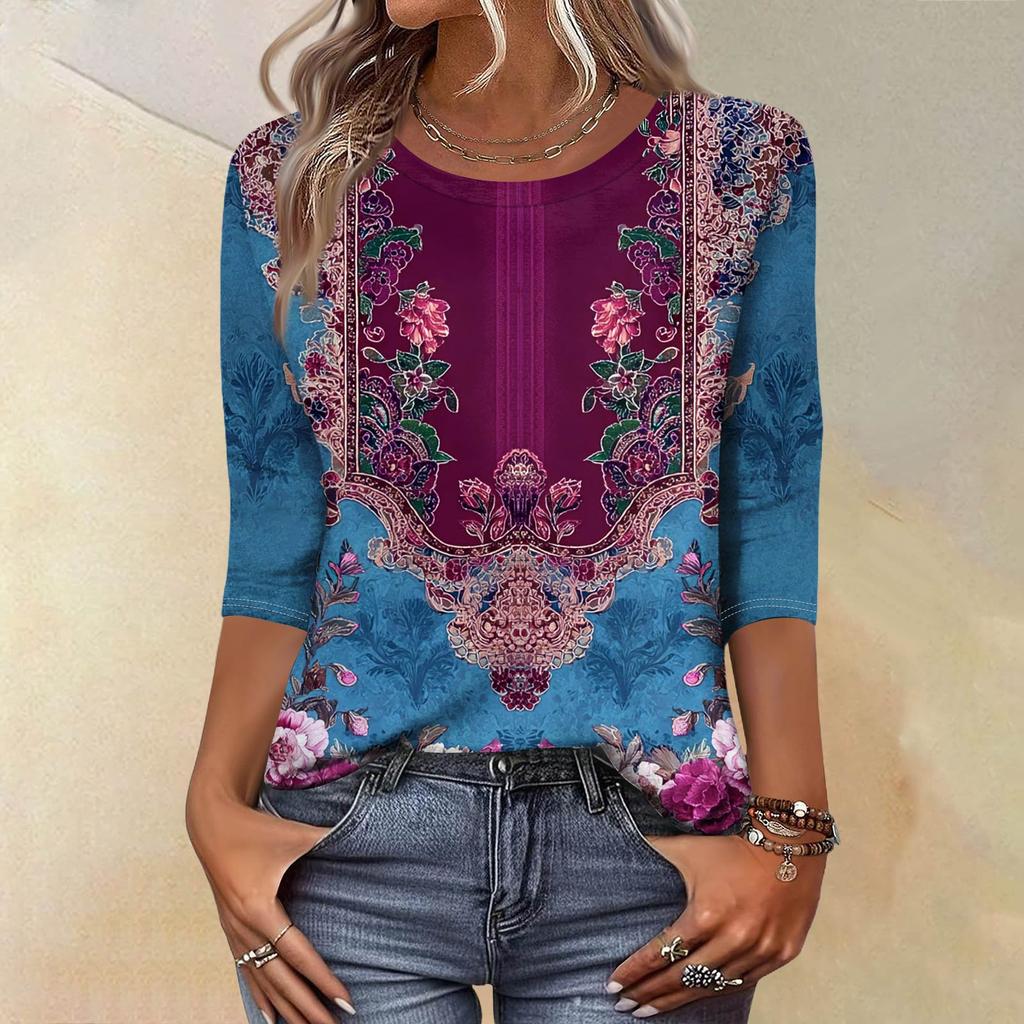 Top Trendy Vintage a 3/4 di manica per Donna, Maglietta Blusa Casual da Donna a Tre Quarti di Manica con Scollo Rotondo Stampata