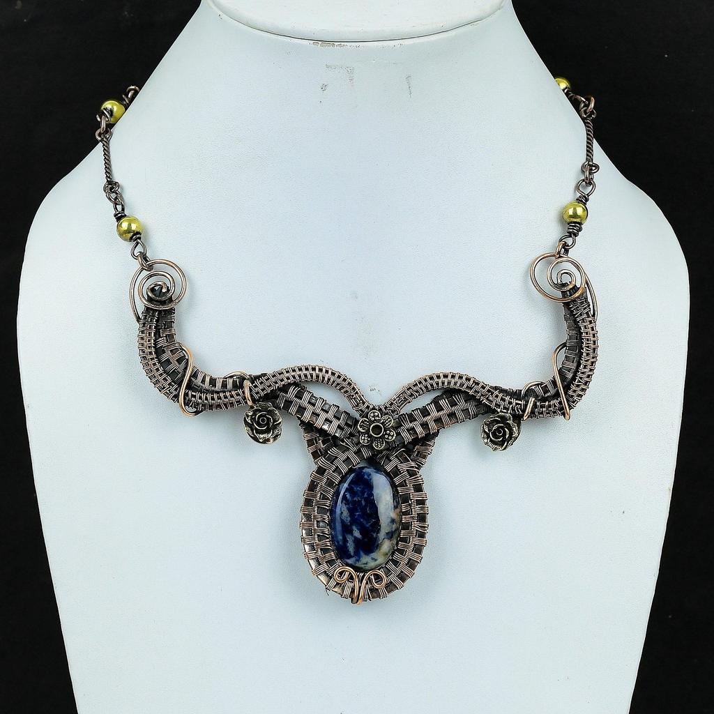 Sodalite Necklace Handmade Jewelry, 999 Copper Wire Wrapped Necklace Designer Gemstone Jewelry Adjustable Chain Necklace Gift For
