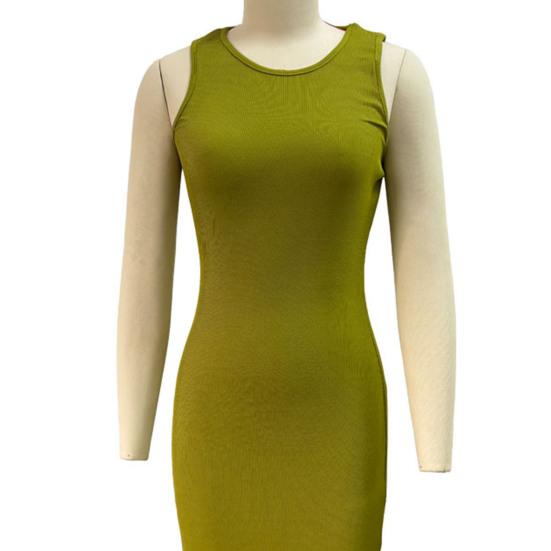 Summer Women Dress Sleeveless Split Hem Solid Color O Neck Elastic Sheath High Waist Ankle Length Skinny Solid Color Party Club Maxi Dress