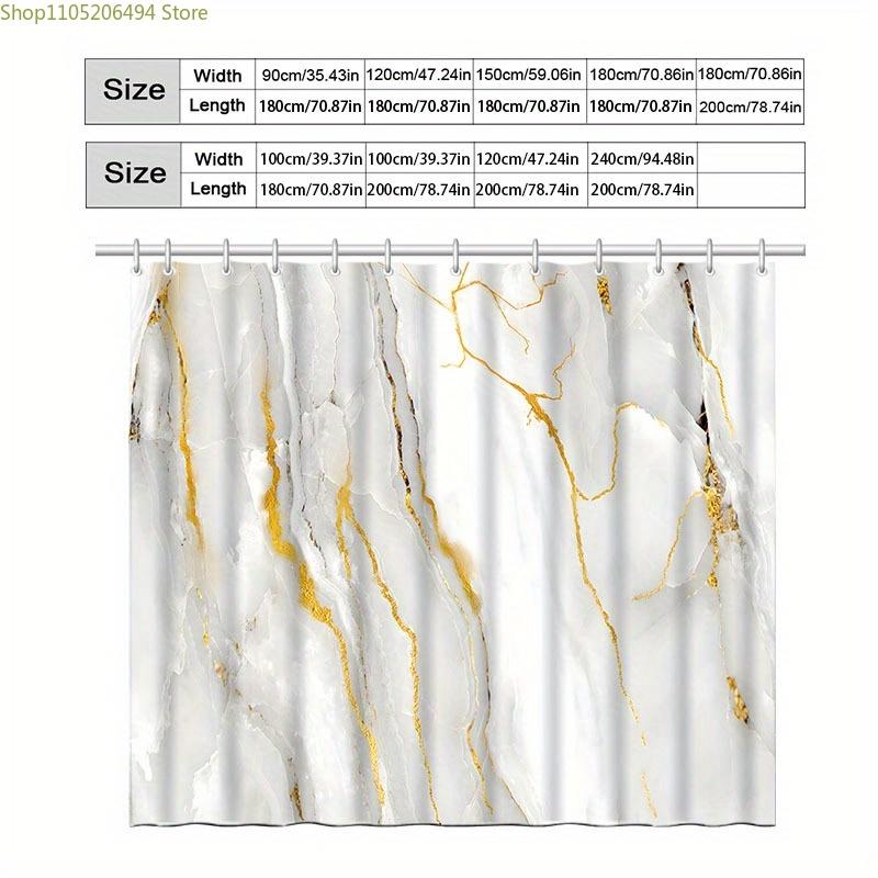 1pc Elegant Marble Pattern Shower Curtain with Hooks - Machine Washable Polyester, Golden & White Design, Perfect for Bathroom
