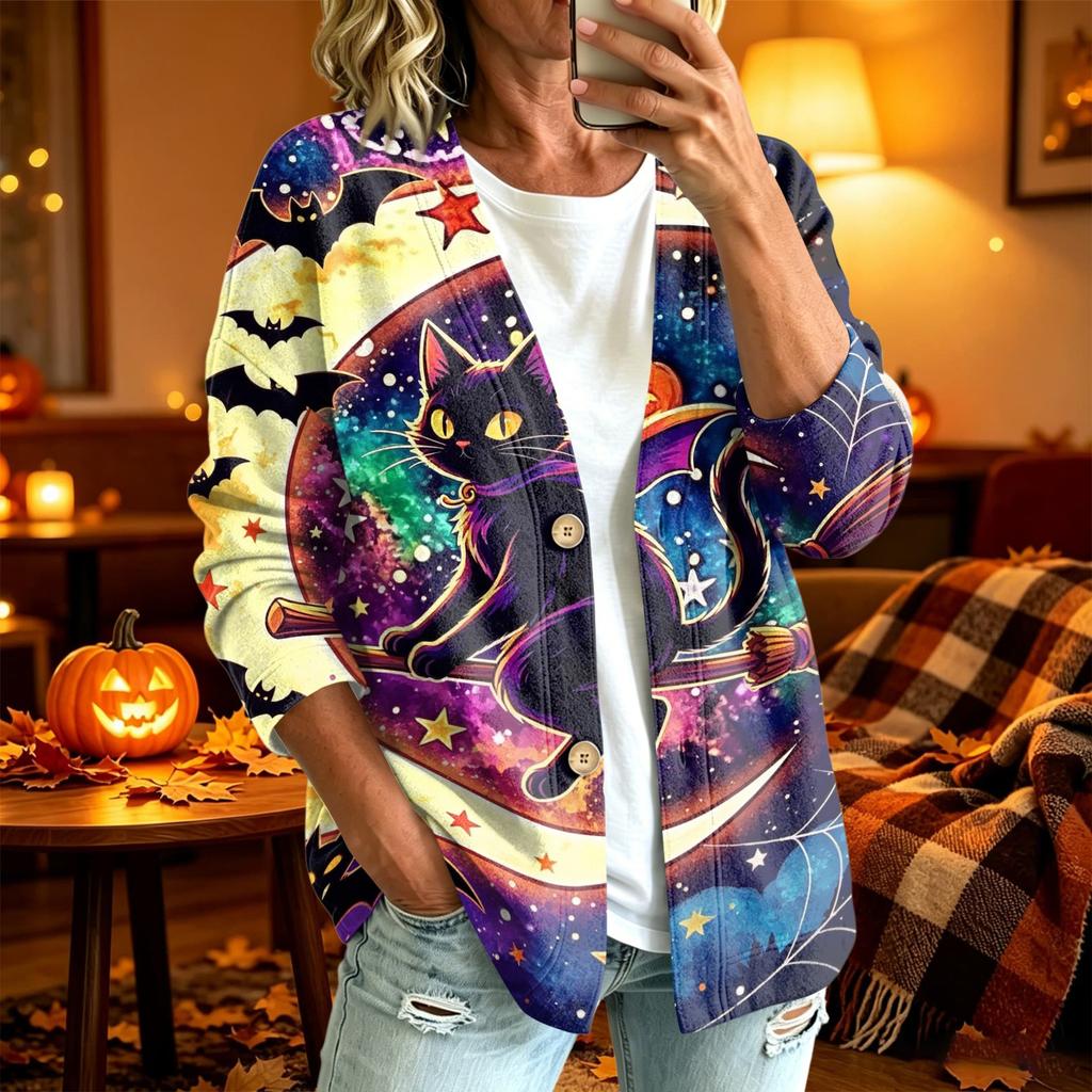 Women's Casual Long Sleeve Jacket with Halloween Print for Party Costume and Everyday Wear