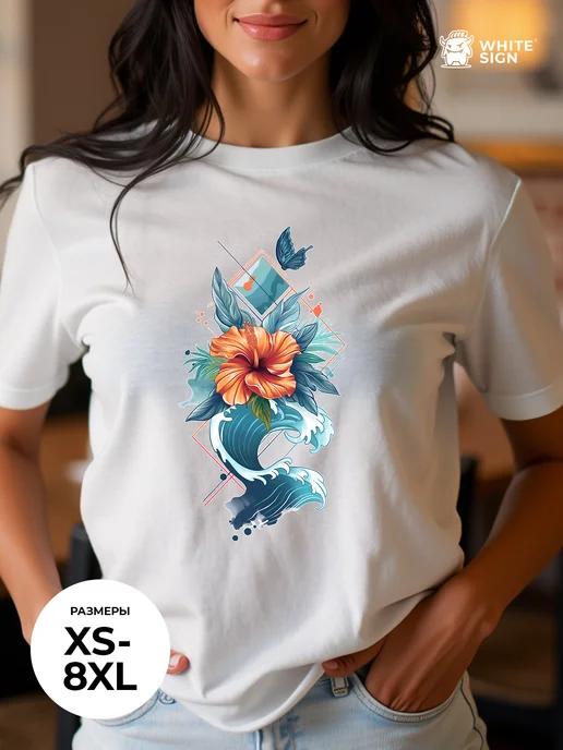 Loose-fit cotton summer T-shirt with Hibiscus Flower print 3XL