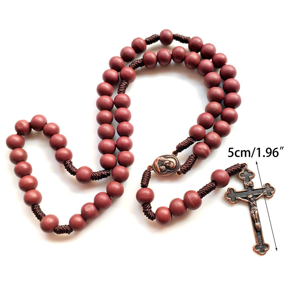 Natural Wood Cross Rosary Pendant Necklaces Catholic Jesus Bead Necklaces for Men Women Jewelry Christian Religious Gift